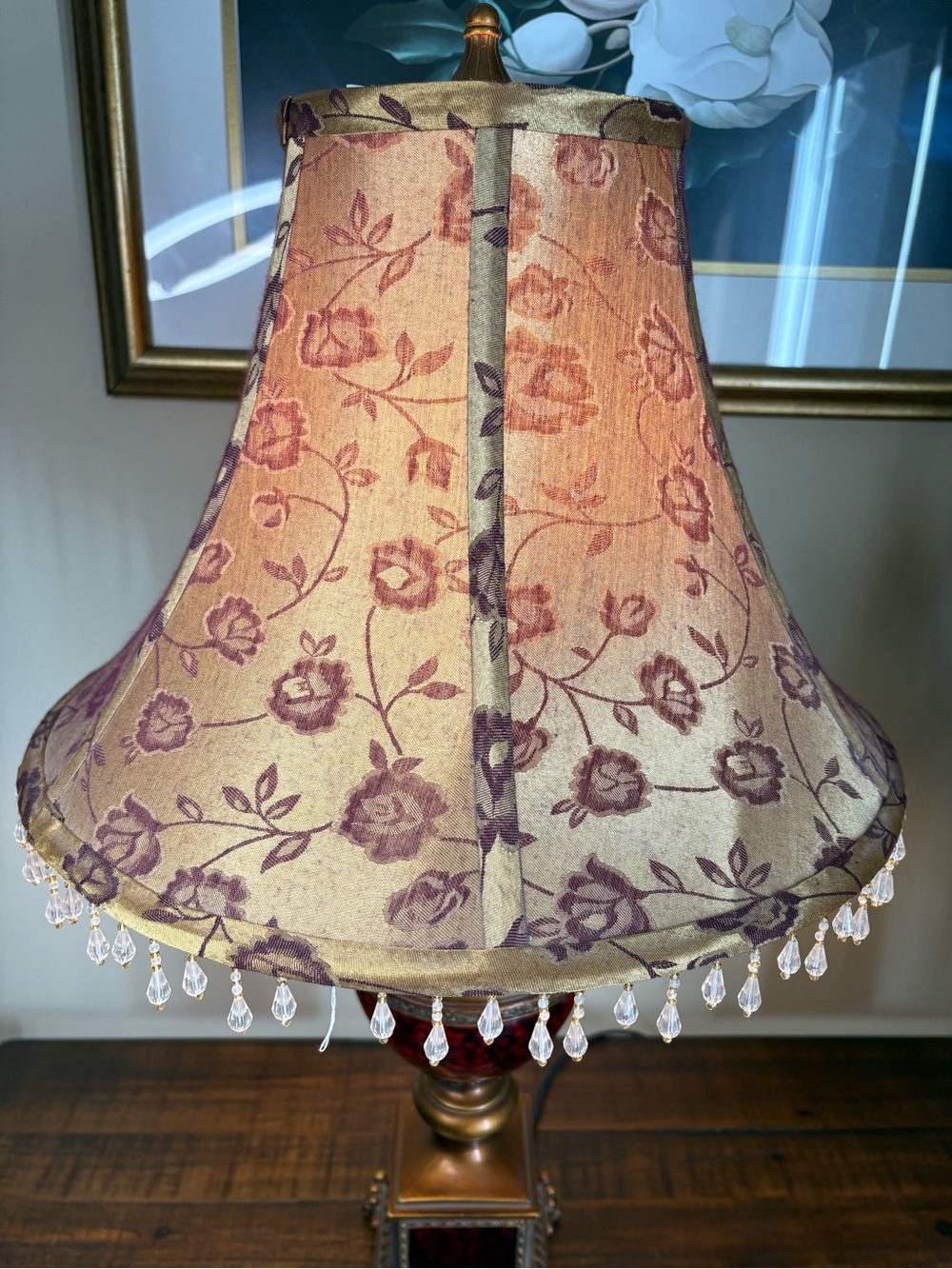 Decorative Red and Gold Table Lamp with Beaded Shade - Picture 10 of 15